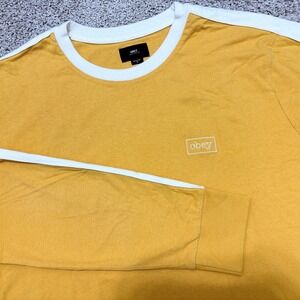 OBEY T-Shirt Crew Neck Long Sleeve Yellow White Stripe Embroidered Mens Medium